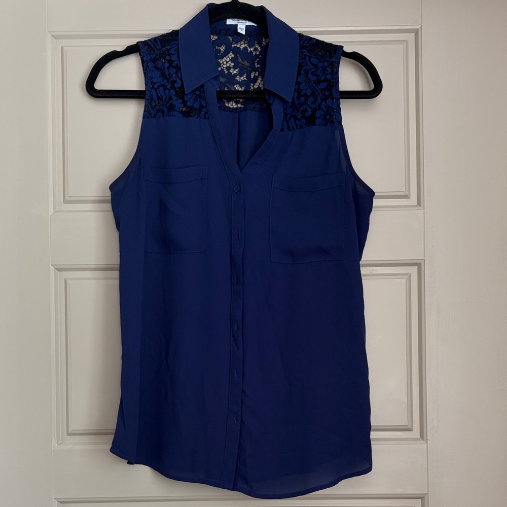 Navy Sleeveless Lace Detail Blouse